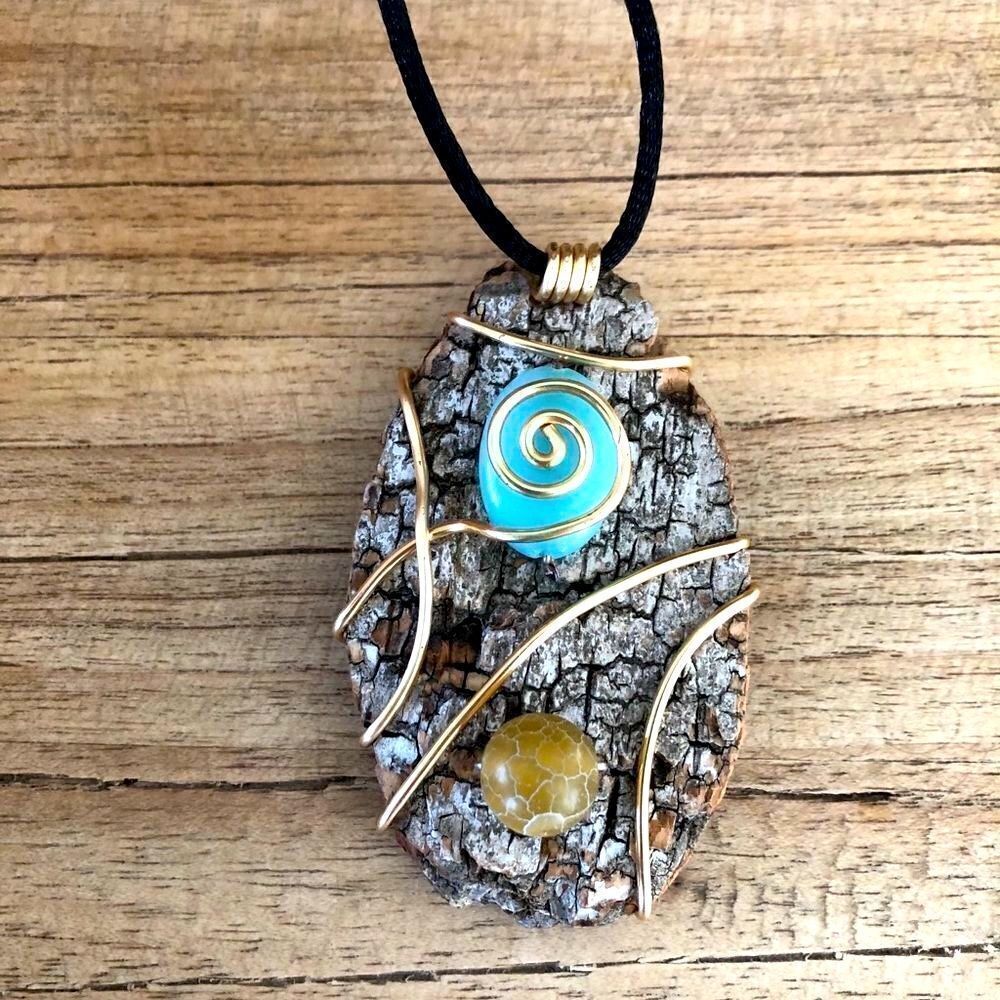 Handmade Wire Wrapped Wood Pendant Necklace